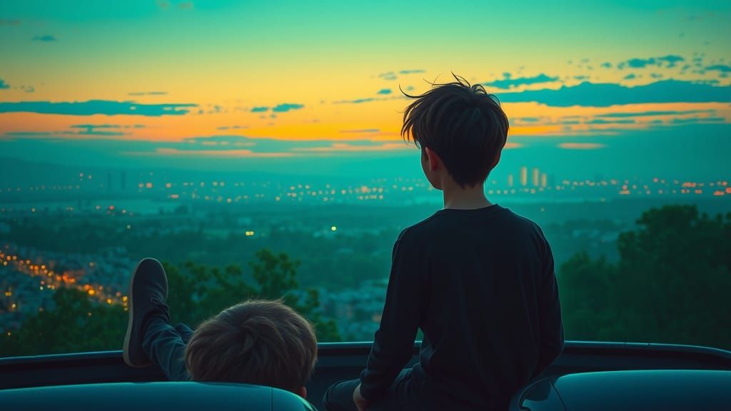 Retro Lo-Fi Painting of Boys Singing at Twilight