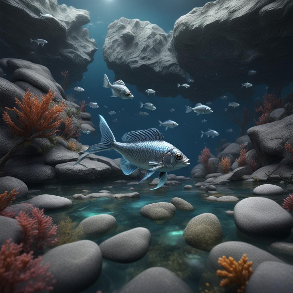 Silver Fish in Rock Pool: Detailed Matte Painting