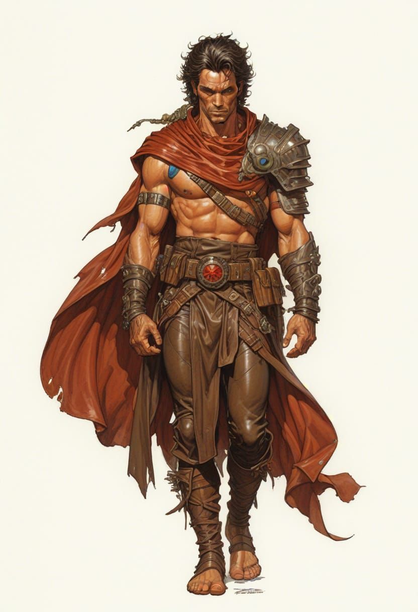 Barefoot Male Superhero in Extravagant Leather Attire