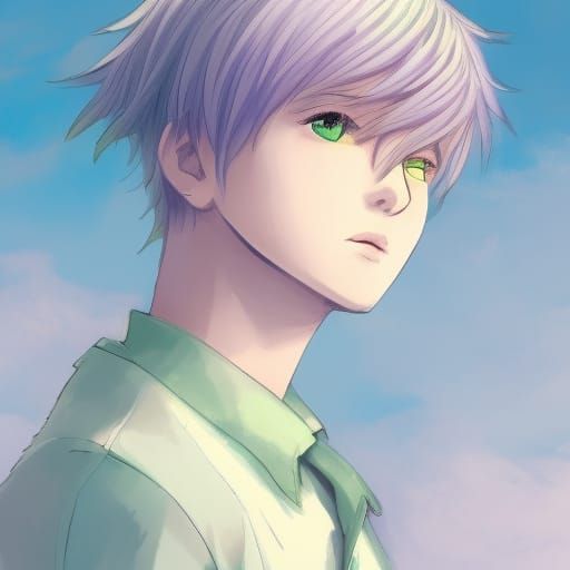 Anime Teen Boy with Green Hair, Watercolor Style