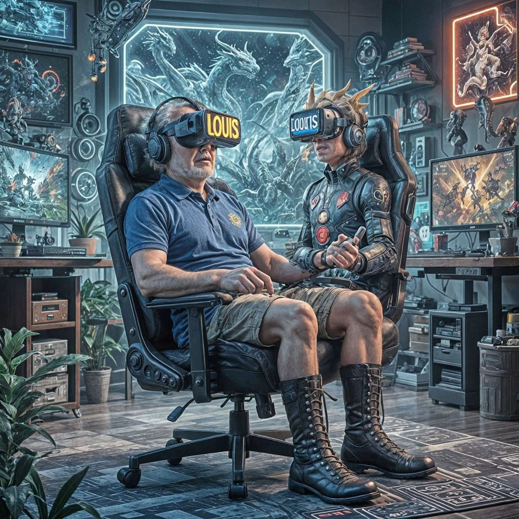 Elderly Gamer Immersed in VR: Anime-Inspired 3D Art