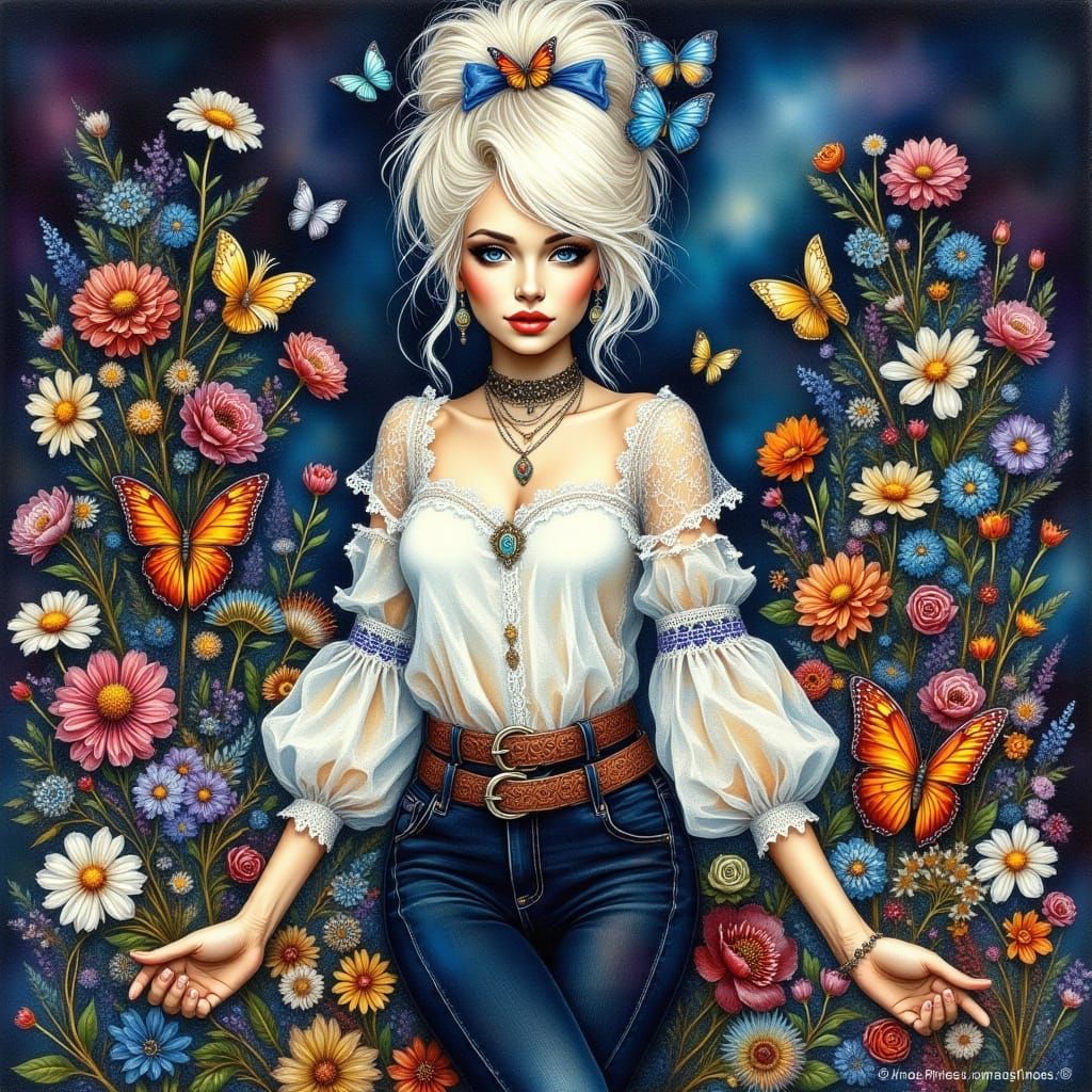 Whimsical Woman Dancing with Flowers, Impasto Painting