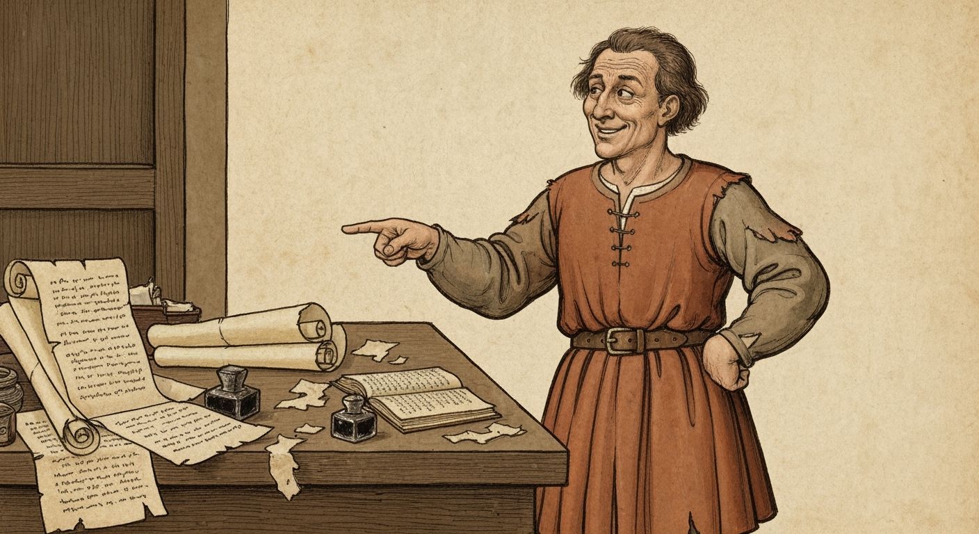 Scribe Chuckles at Desk in Medieval Style