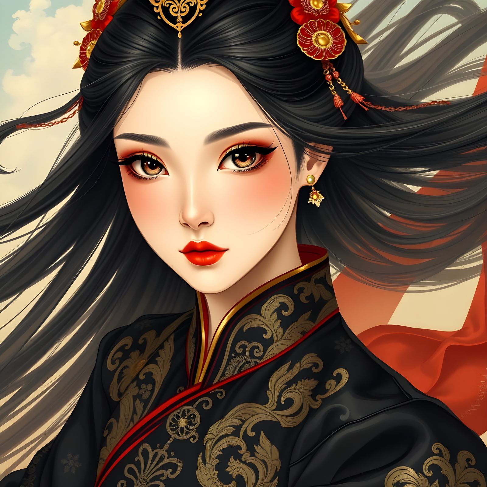 Chinese Princess Soaring in Fantasy Landscape