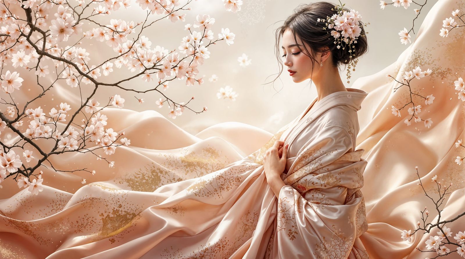 Ethereal Japanese Geisha in Delicate Cherry Blossom Kimono