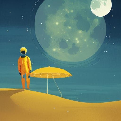 Surreal Moon Fishing on Yellow Beach in Ngai Style