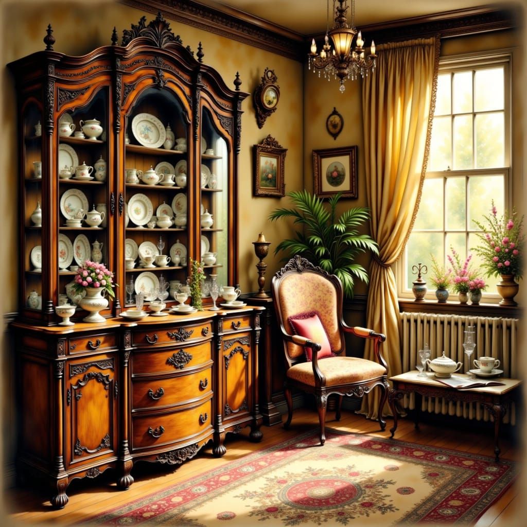 Cozy Family Parlor with Antique China Cabinet