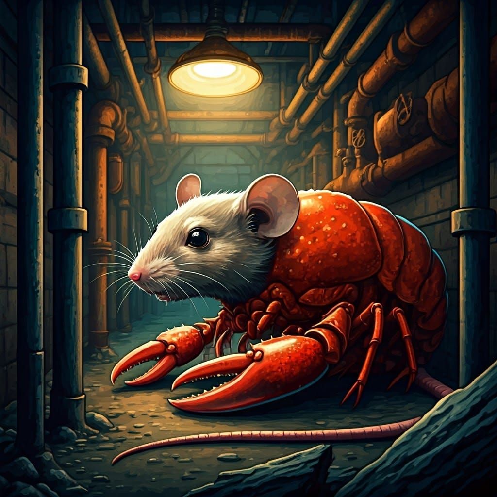 Lobster Mouse Hybrid in Damp NYC Basement Watercolor