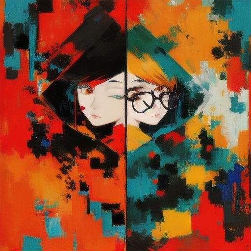 Two Girls Portrait in Abstract Art Style