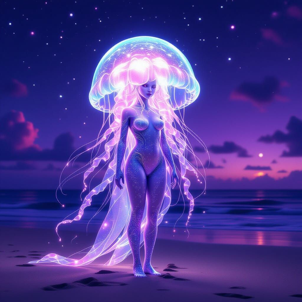 Ethereal Jellyfish Creature on Purple Night Beach