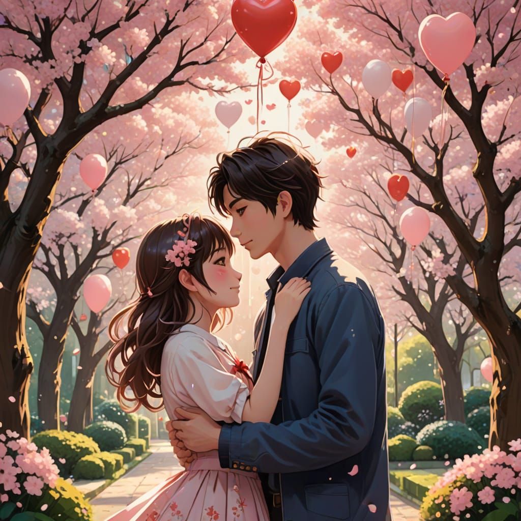 Romantic Anime-Style Valentine's Day Garden