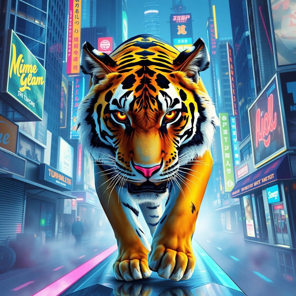 Iridescent Tiger Prowls a Neon Cityscape