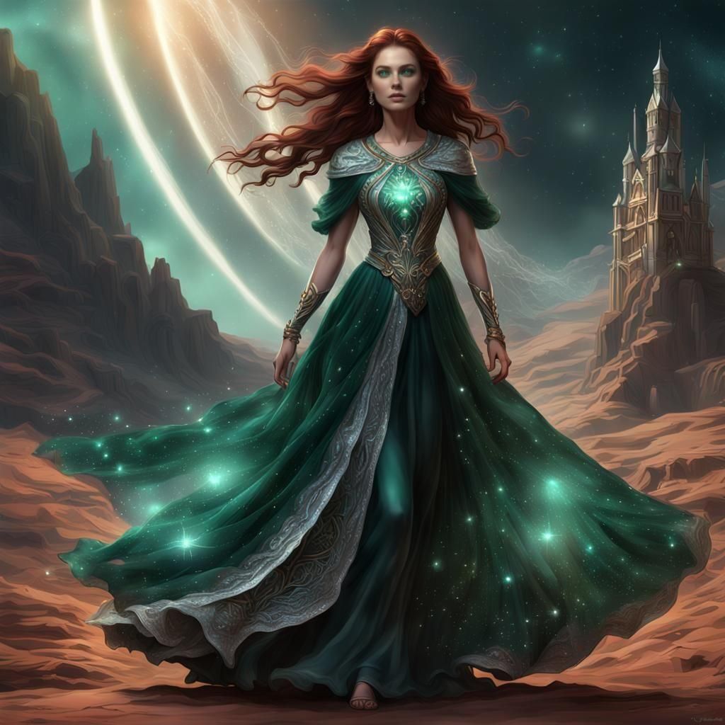 Woman in Starlight Dress with Emerald Eyes
