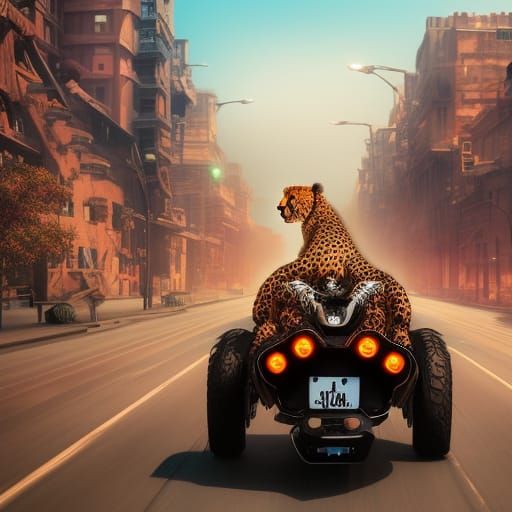 cheetah on motorbike zooming down a city street, published