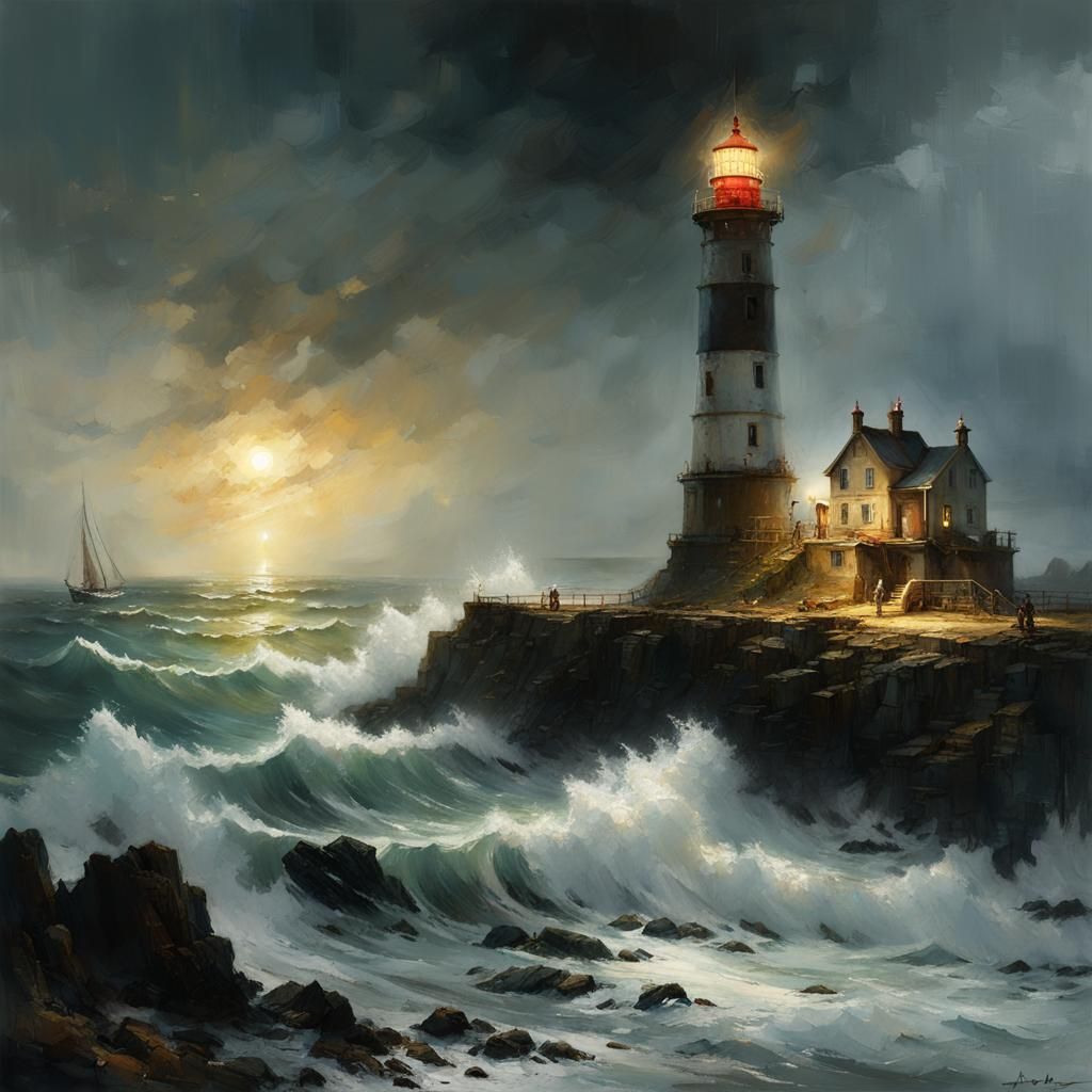 Stormy Seashore Lighthouse: A Fantastical Painting