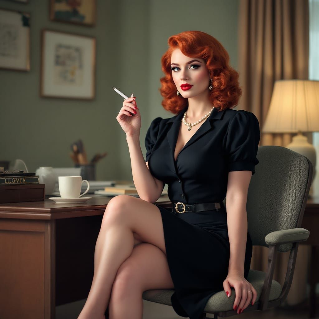 Sultry 1950s Secretary at Office Desk
