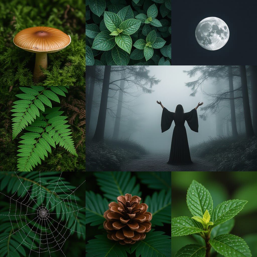 Nature Collage: Mushroom, Moon, Spiderweb, and Botanicals