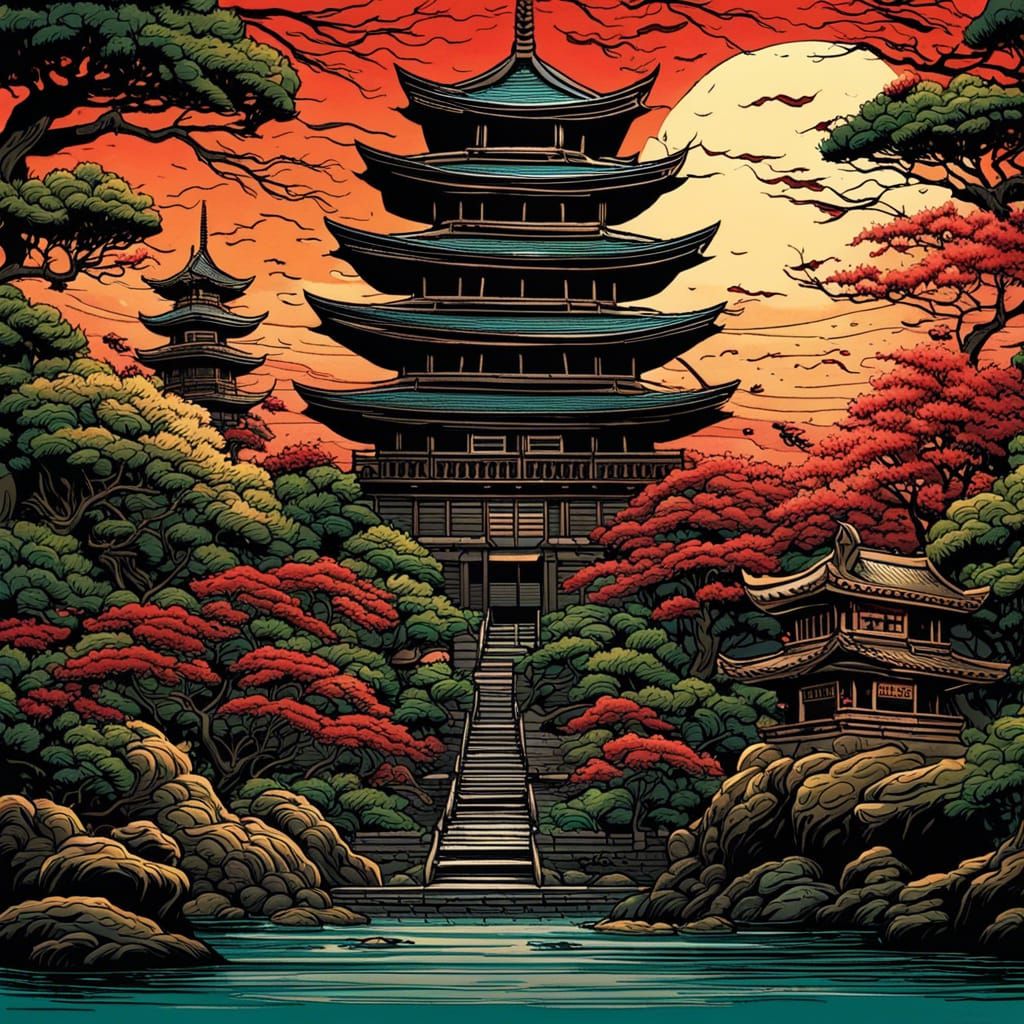 Samurai Toad at Pagoda in Comic Book Style