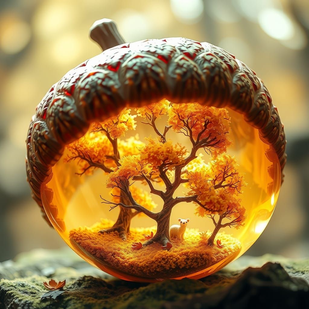 Autumn Forest Inside Amber Acorn, Fairytale Style