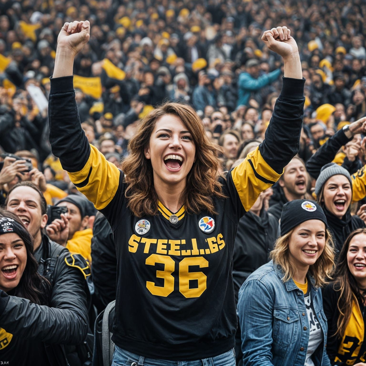 Woman's Joyful Steelers Celebration, Photorealistic Portrait