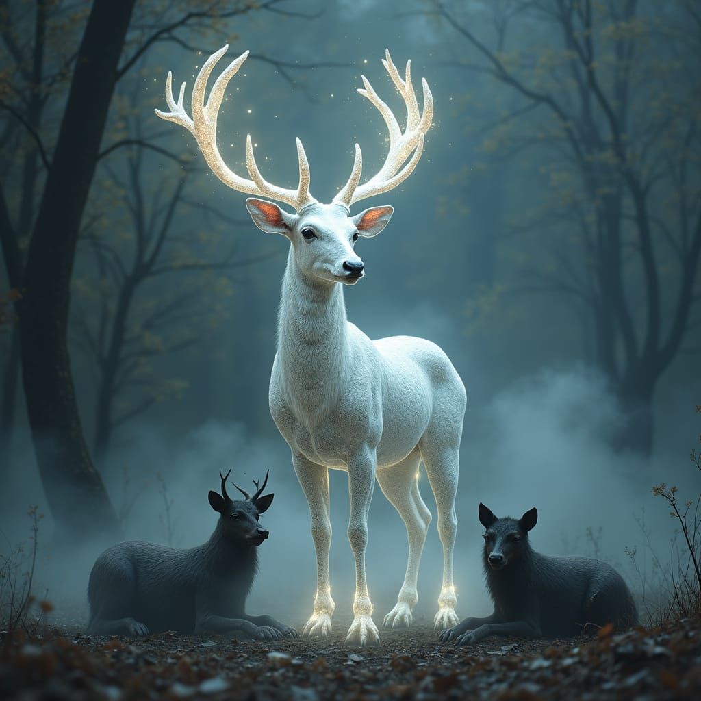 Silver Deer with Cosmic Antlers in Dark Fantasy Style
