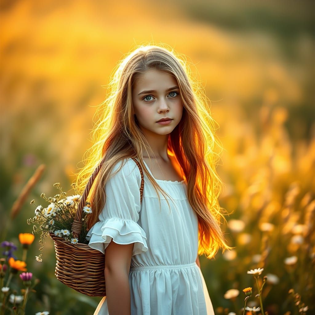 Woman in Wildflower Field: Pre-Raphaelite Inspired Beauty