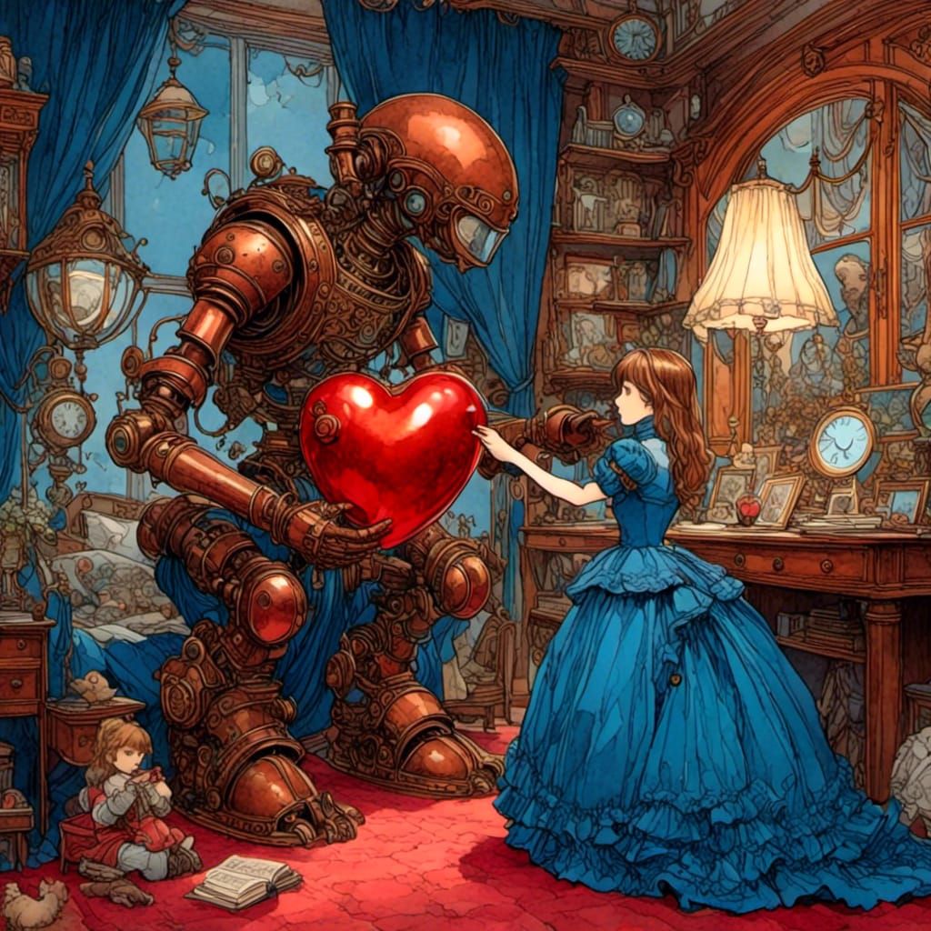 Robot Nanny Offers Steampunk Heart in Watercolor Style