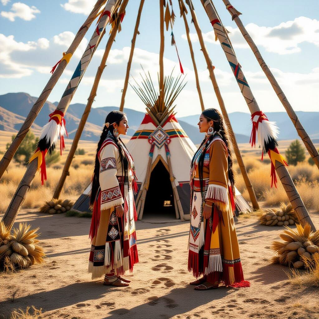Indigenous Woman at Sun Dance Lodge in Morning Light