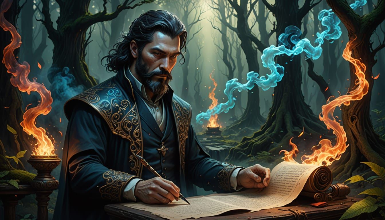 Mystical Man Studies Ancient Scroll in Enchanted Forest