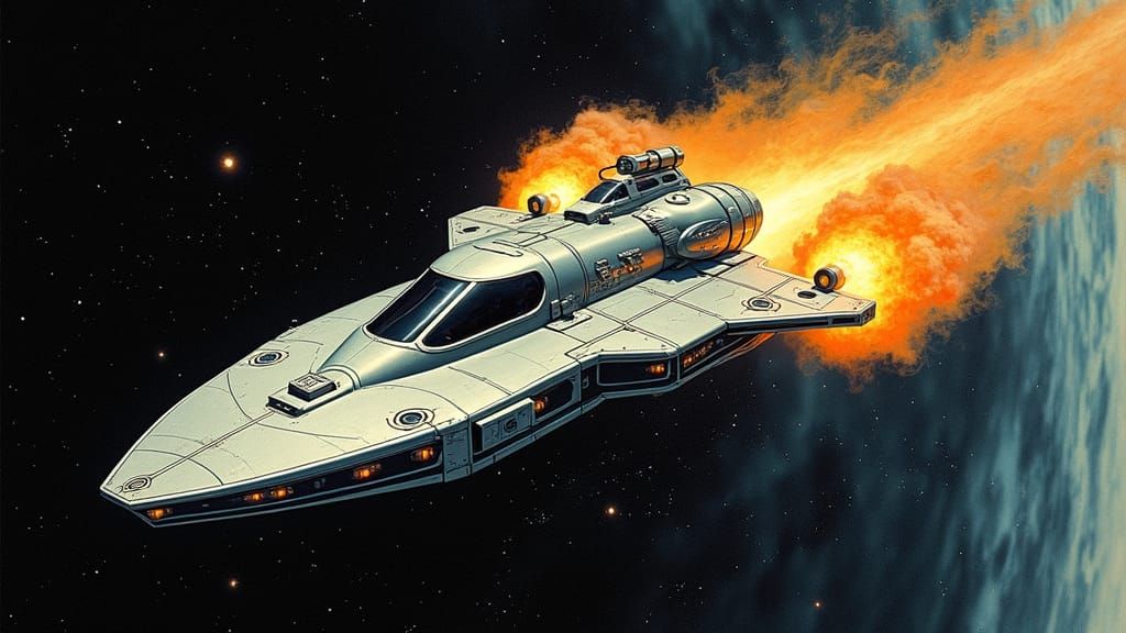 Retro Sci-Fi Spaceship in Deep Space