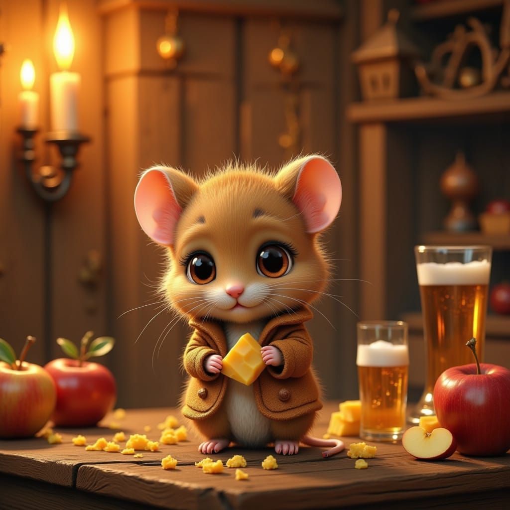 Mouse in Whimsical Tavern Scene, Watercolor Style