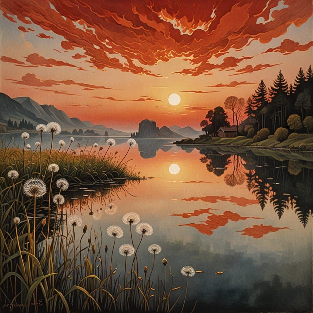 Dreamy Watercolor Sunset on a Serene Lake