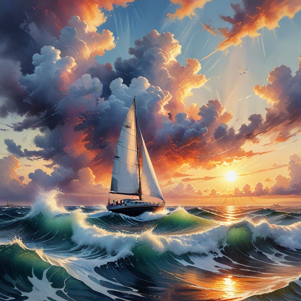 Yacht Navigating Stormy Seas at Sunset