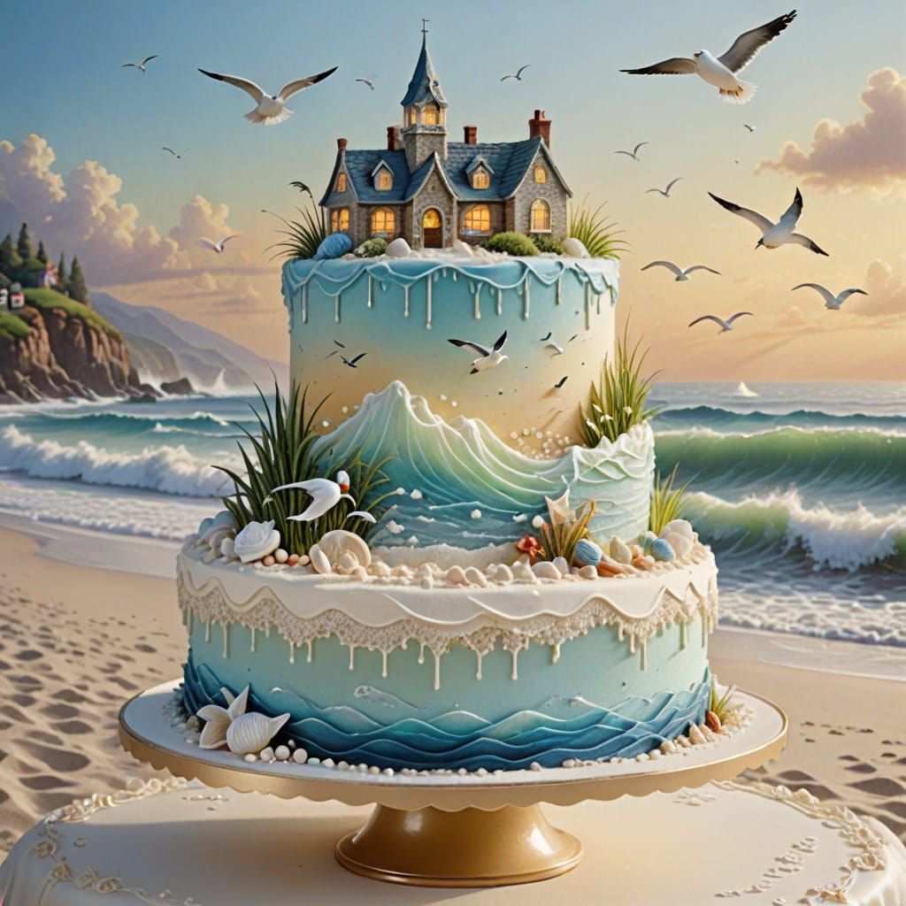 Summer Holiday Cake with Seagulls, Fantasy Style