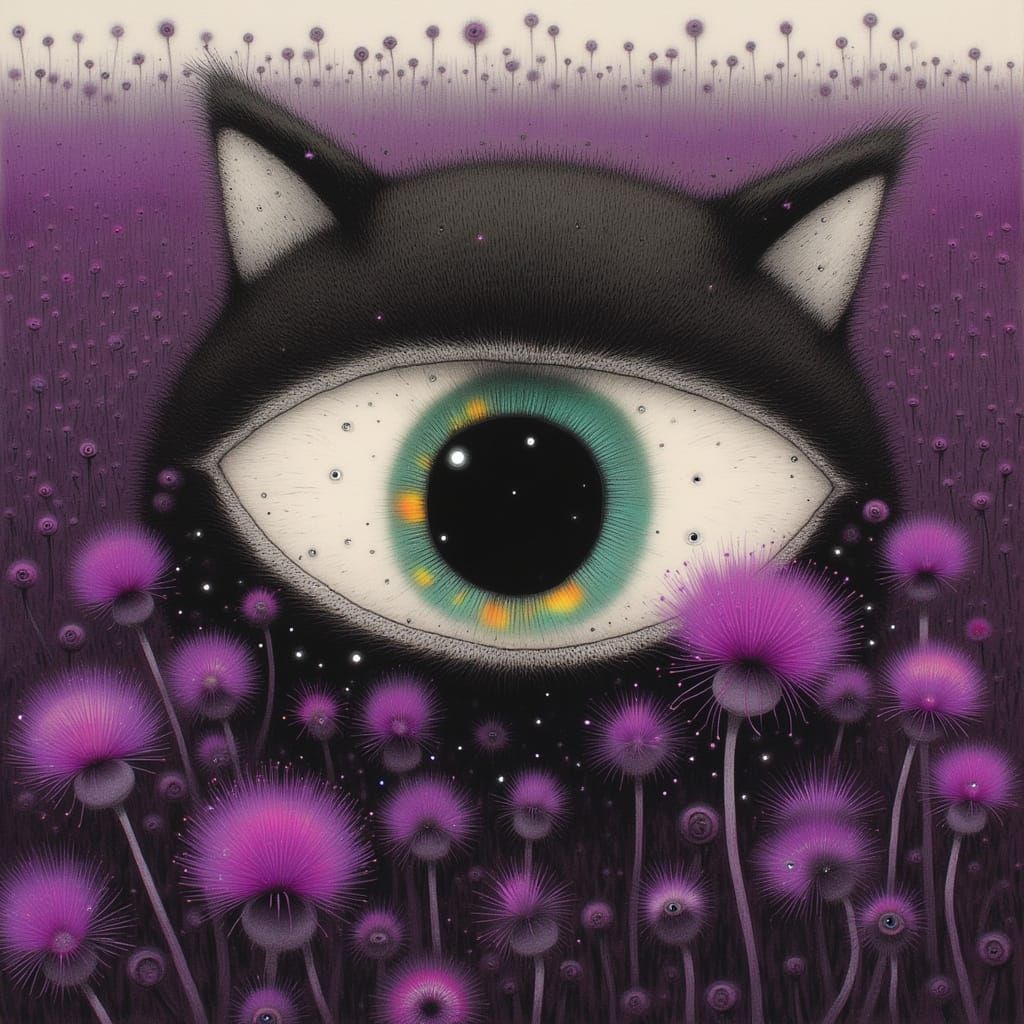 Mysterious Cat Amidst a Whimsical Thistle Patch
