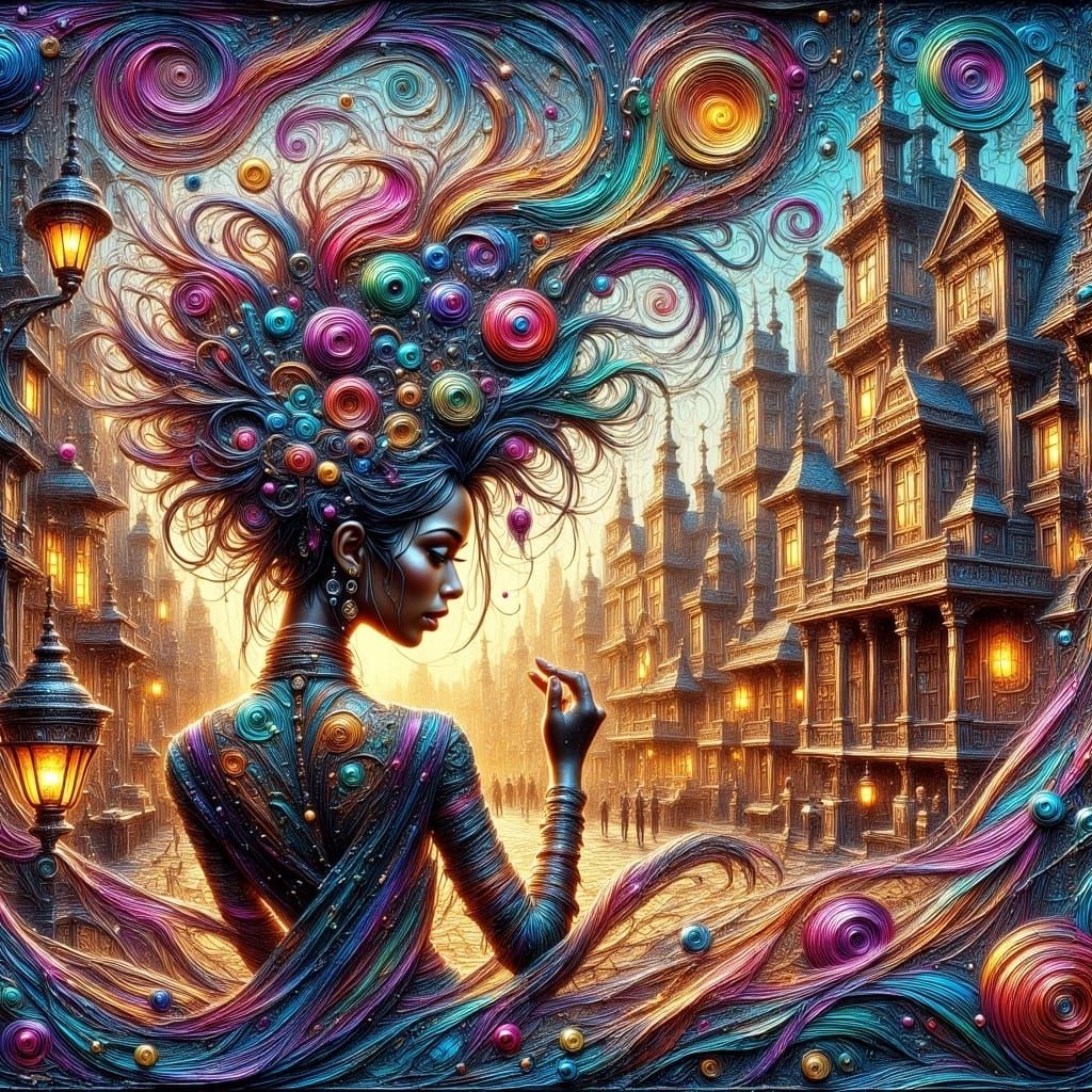 Woman Gazing at Distant City with Impasto Effect