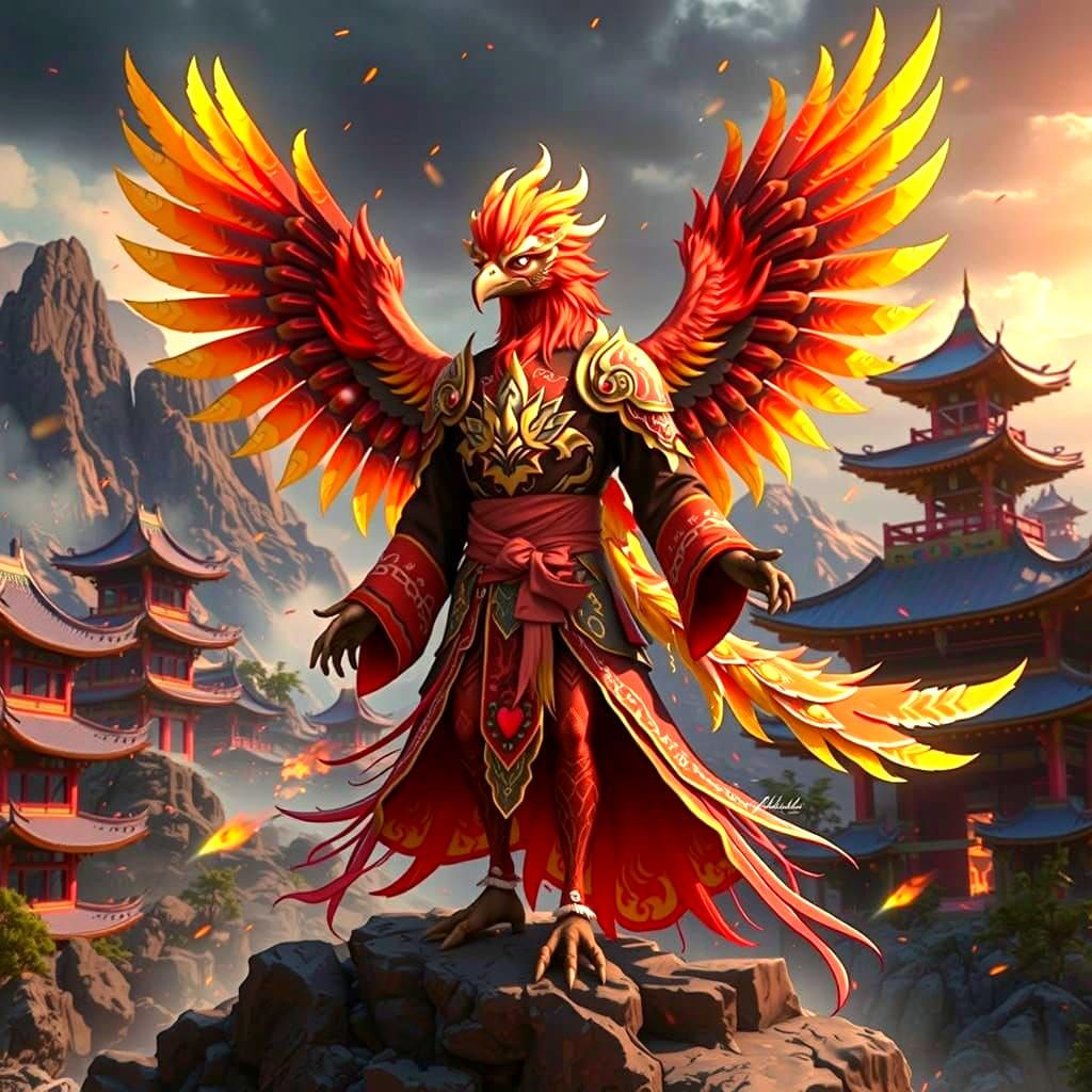 Suzaku, the Divine Blazing Bird Goddess in Vibrant Plumage