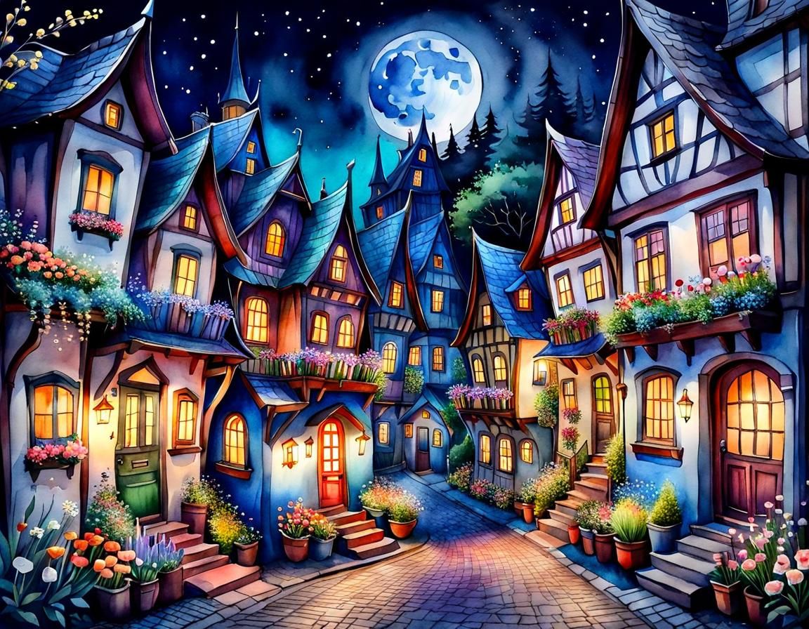 Cozy Storybook Houses at Night in Watercolor