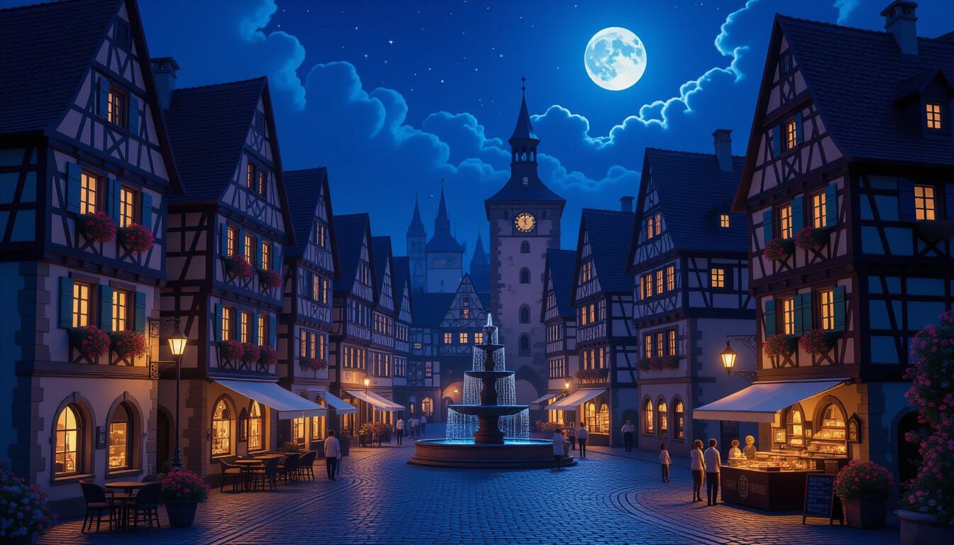 Charming German Town Square at Night