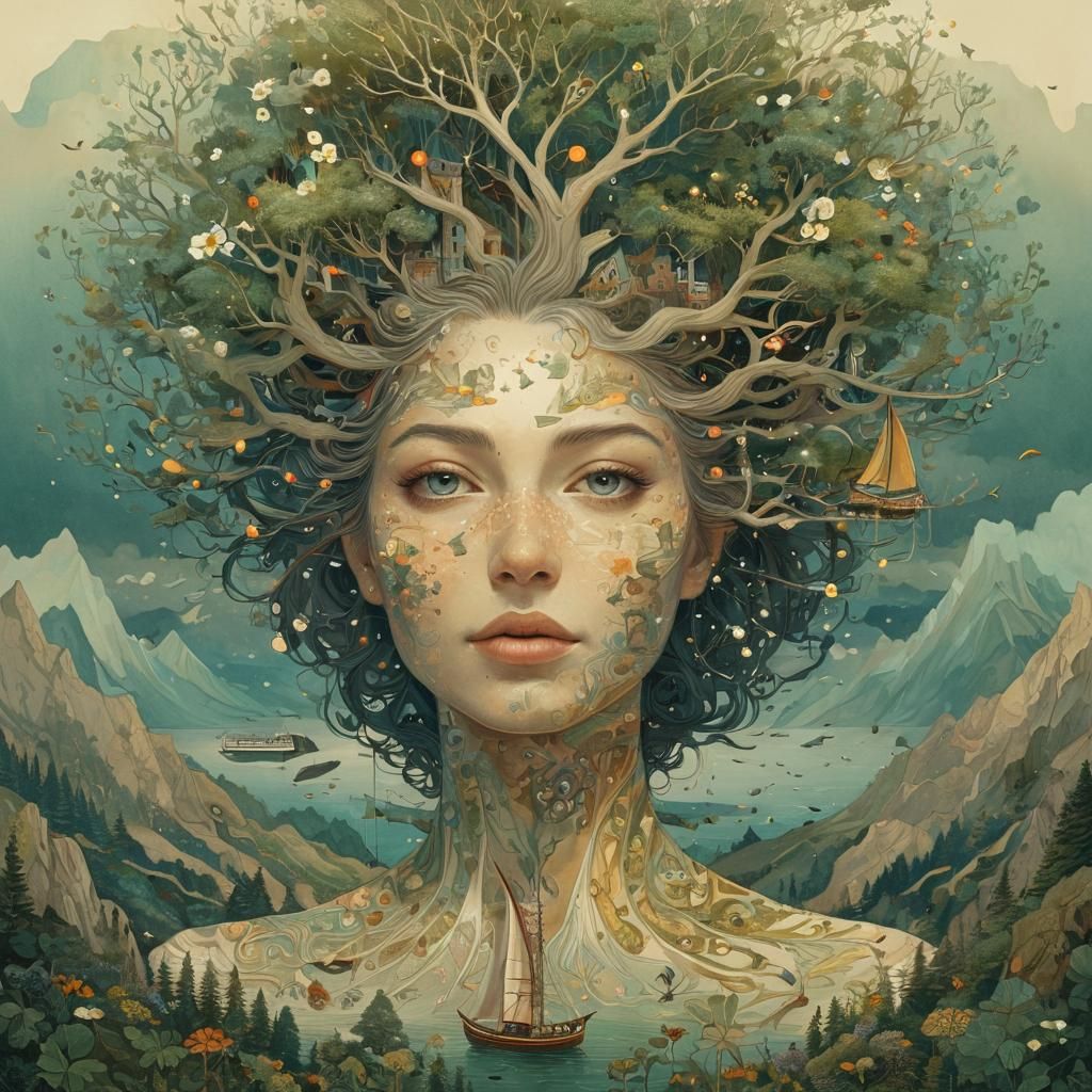 Mother Earth Sailing: Magical Realism Mixed Media Collage