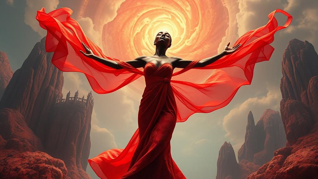 African Woman Dancing in Surrealist Landscape