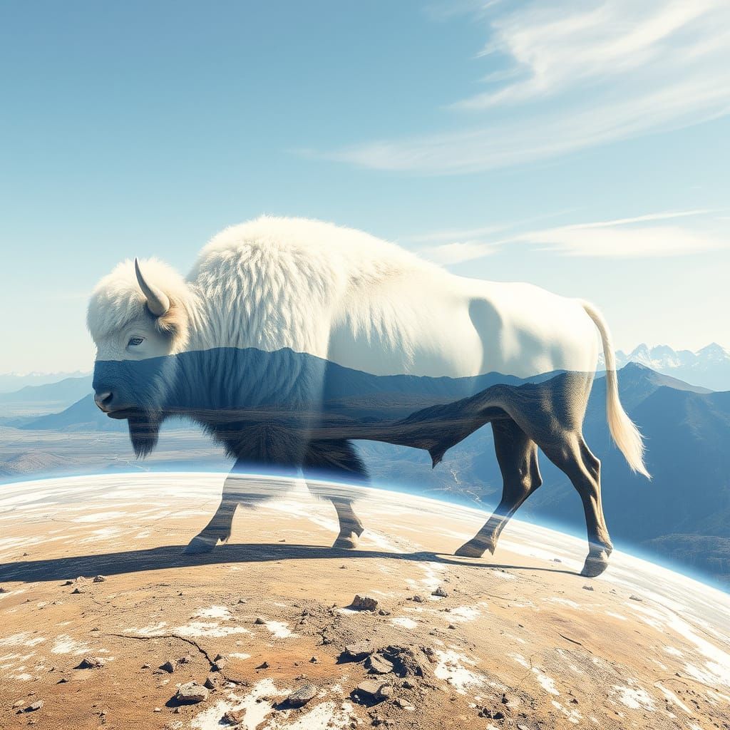 A white buffalo double exposure over the Earth. concept art ...