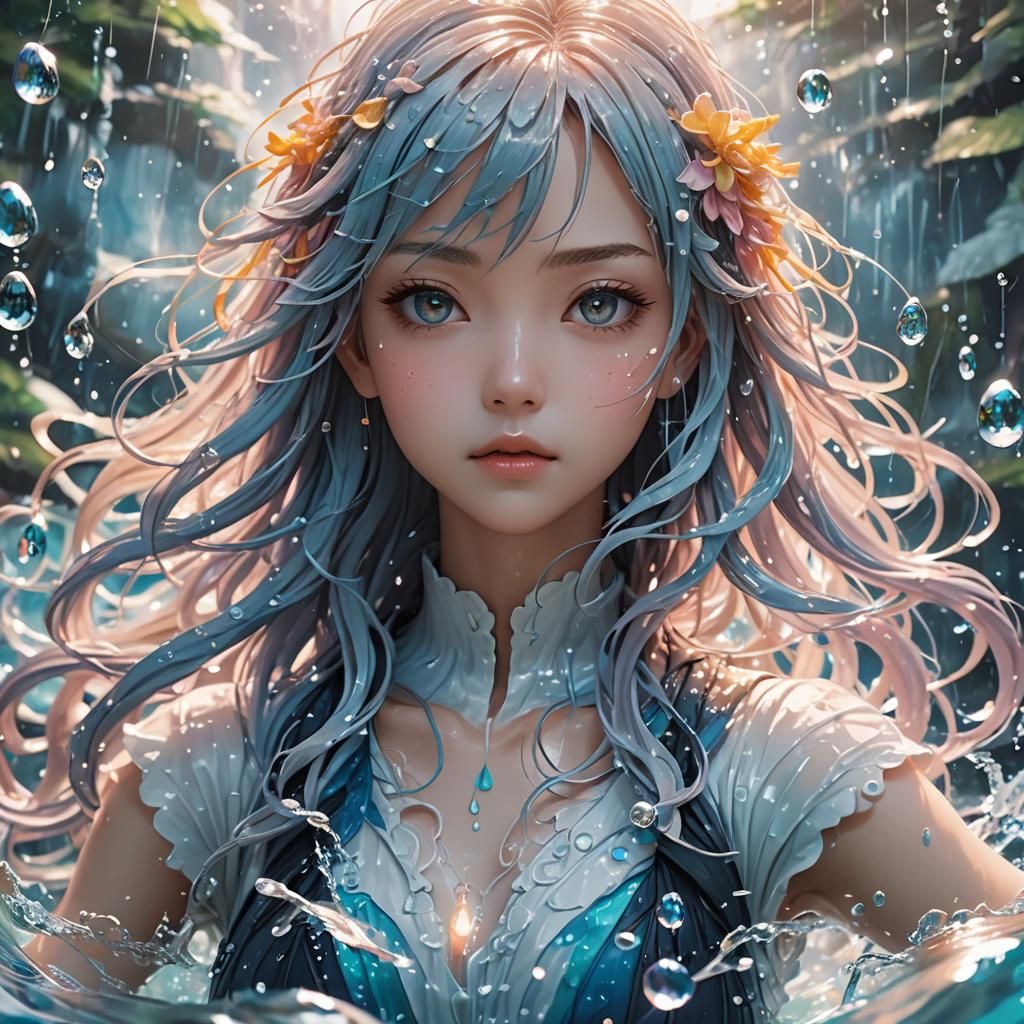 Anime Girl Surrounded by Water Elements