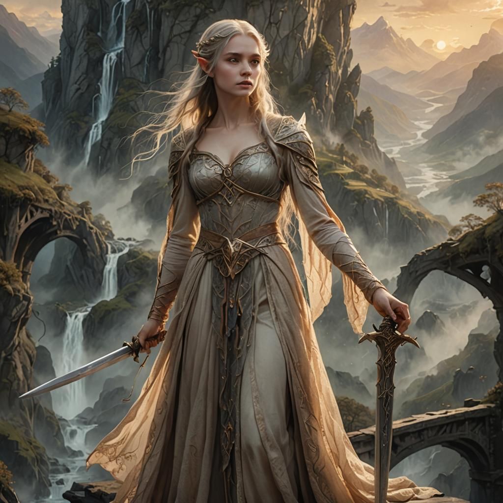 Elvish Woman on Bridge in Romantic Fantasy Art