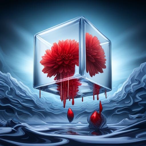 Crystal Cube with Floating Flower, Digital Art