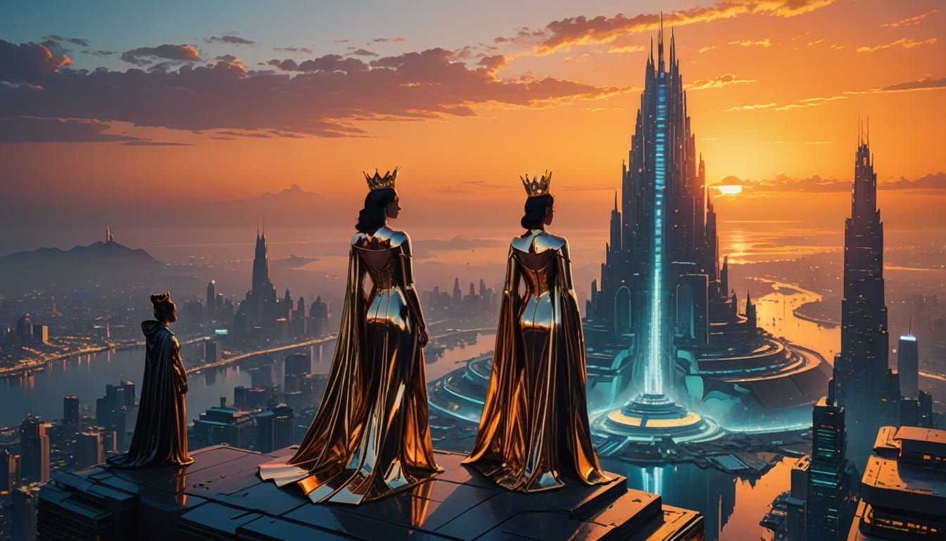 Chrome Empress Surveys Neon Domain in Art Deco Style