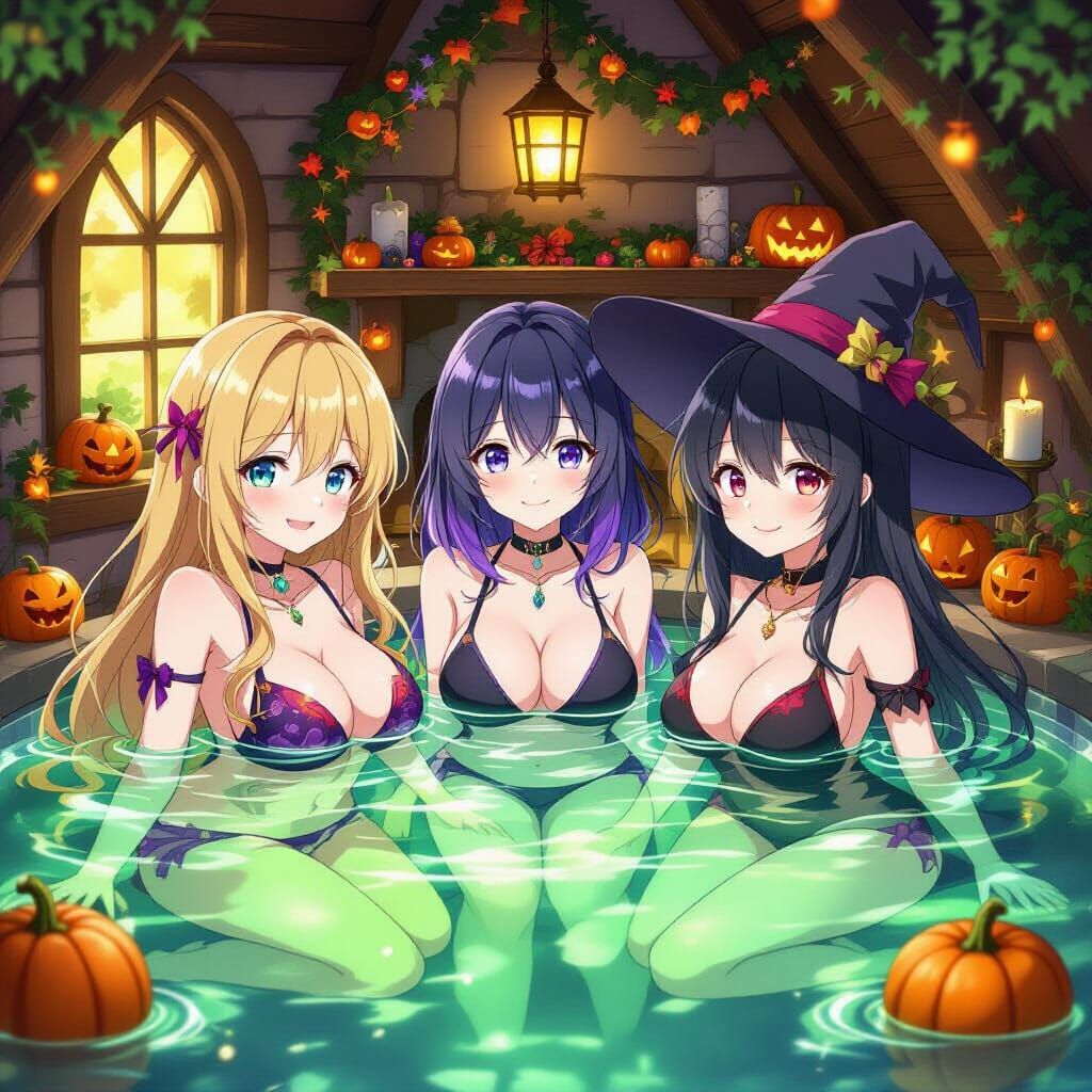 Anime Witches in Glowing Green Water, Cozy Halloween Cottage
