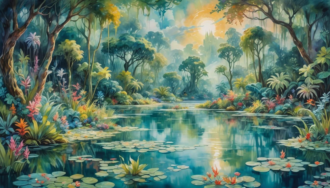 Ethereal Apparition in a Magical Lagoon: Gouache Impressioni...