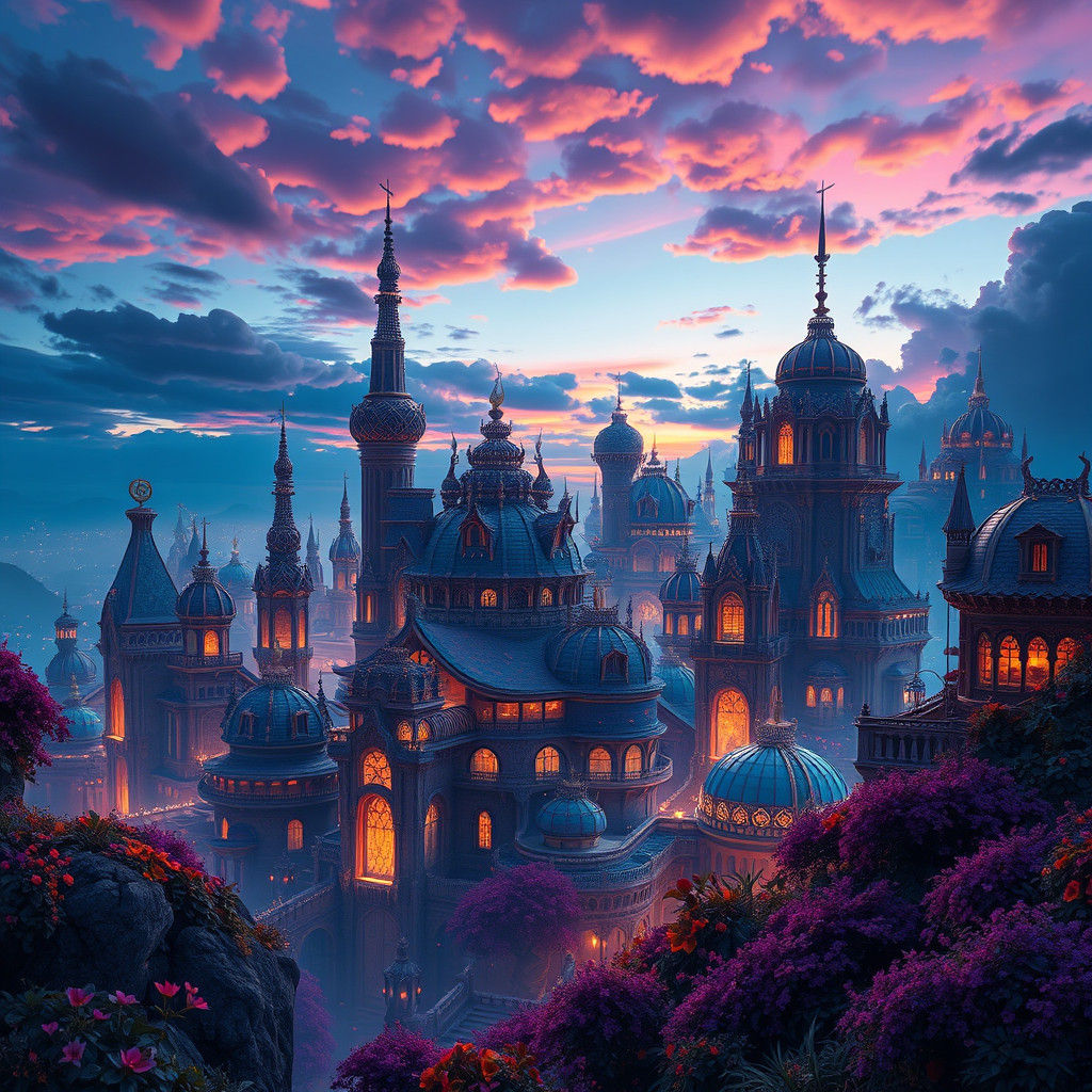 Shimmering Cityscape at Dusk in Detailed Matte Painting Styl...
