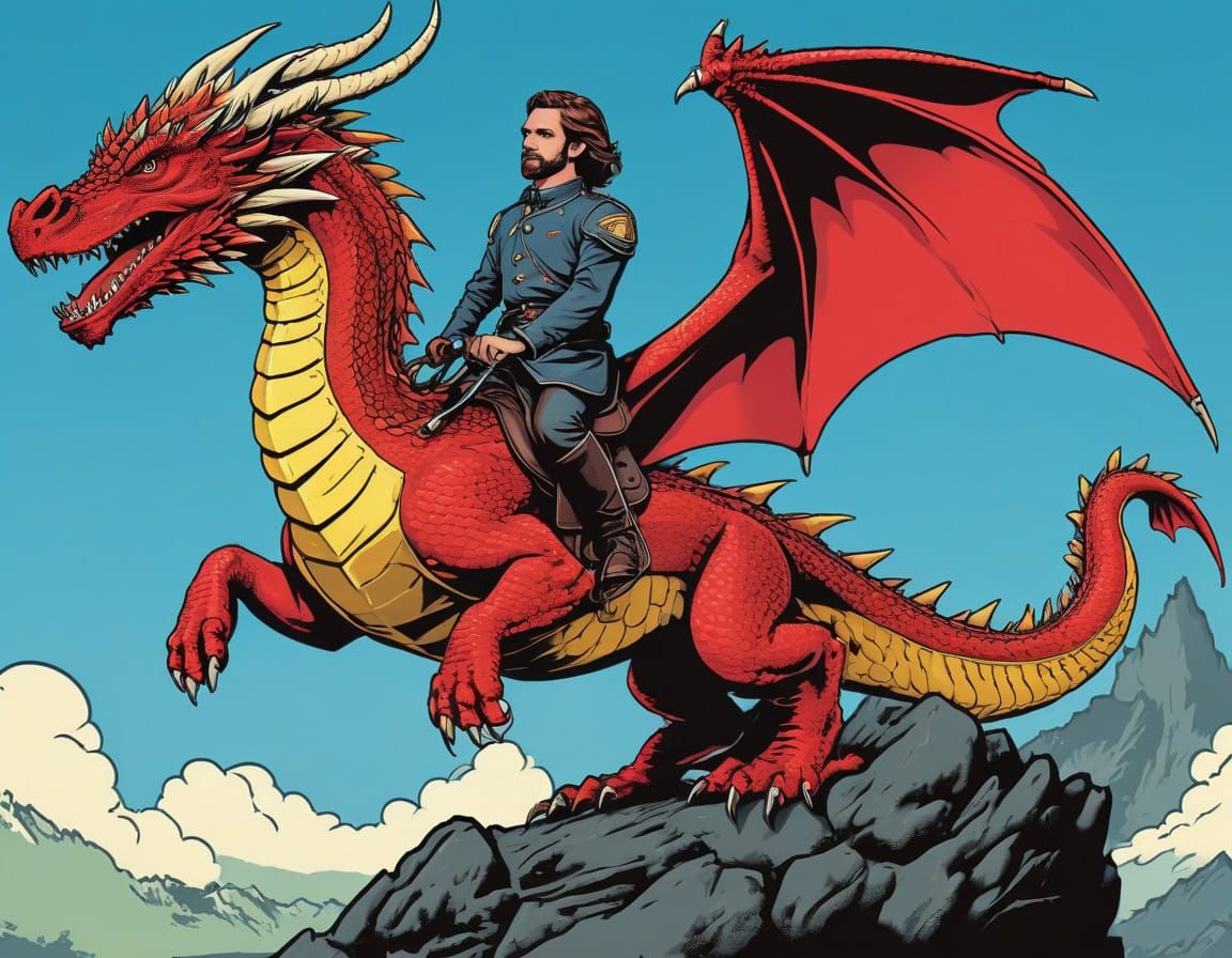 Hero Riding a Dragon in Vibrant Pop Art